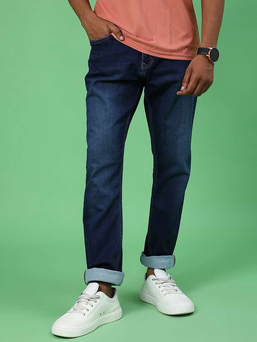 men washed mid rise full length jeans