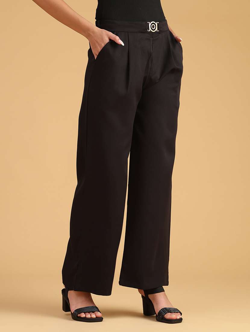 women solid mid rise wide leg trouser