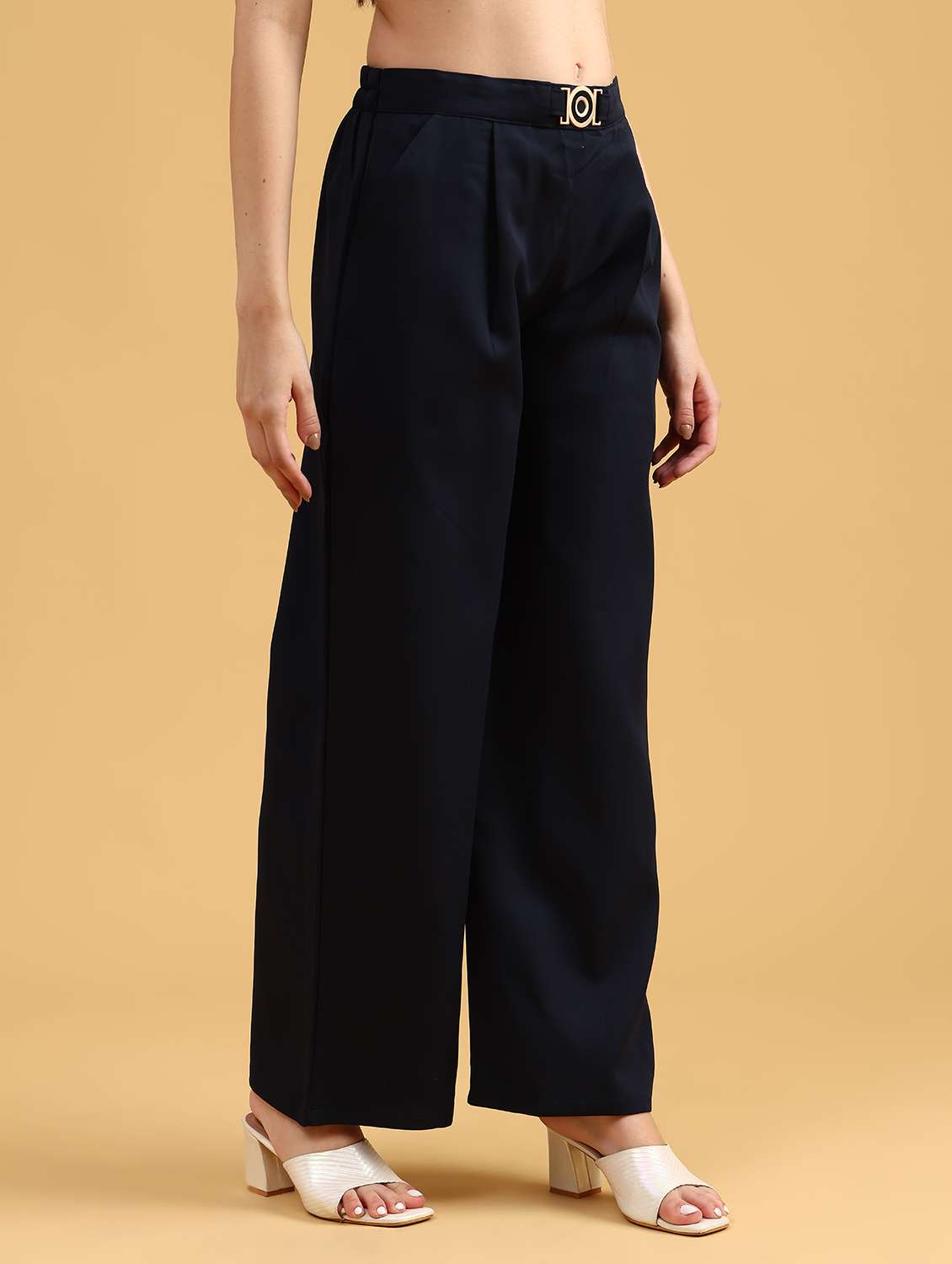 women solid high rise wide leg trouser - 22063745 -  Standard Image - 3