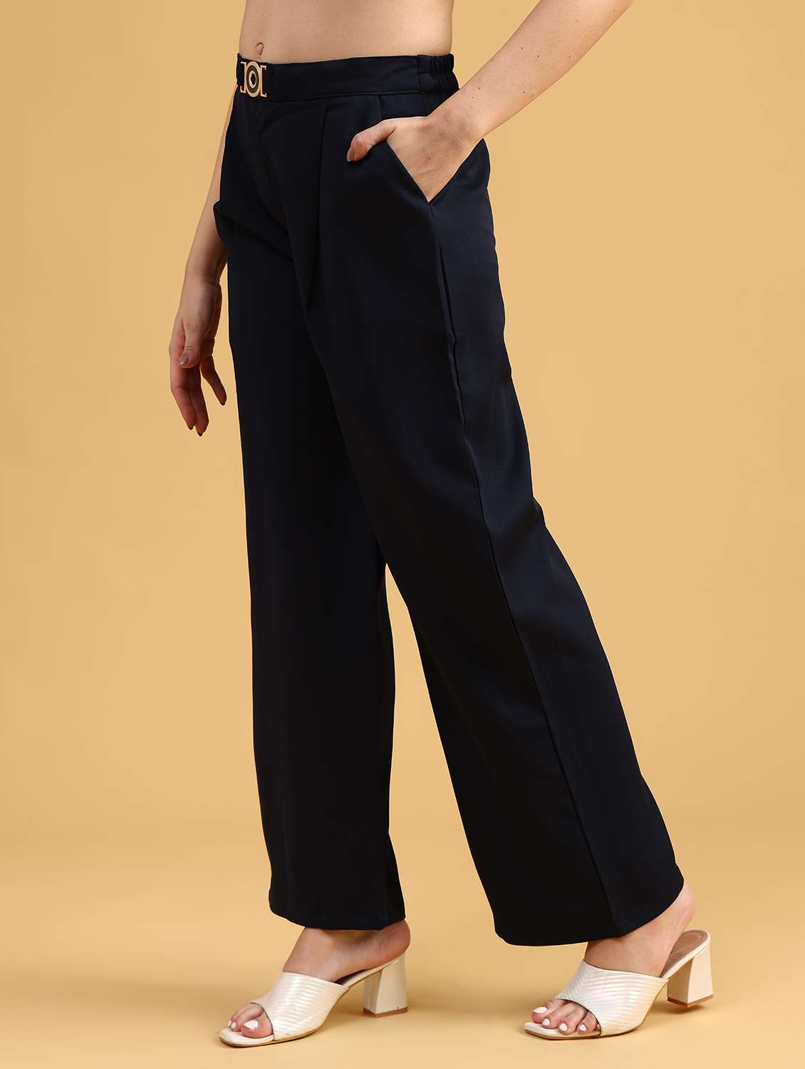 women solid high rise wide leg trouser - 22063745 -  Standard Image - 5