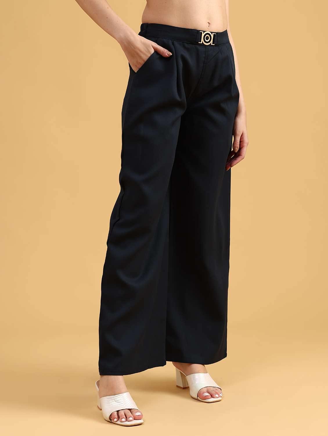 women solid high rise wide leg trouser - 22063746 -  Standard Image - 3