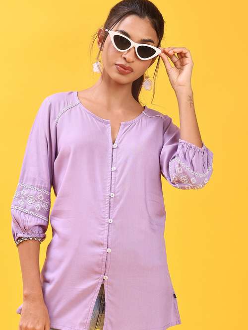 women solid with work three quarter sleeve a-line kurti - 22063806 -  Standard Image - 0