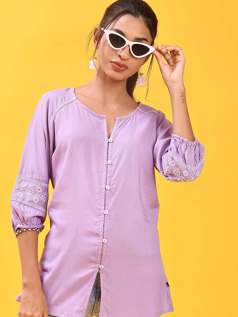 women solid with work three quarter sleeve a-line kurti