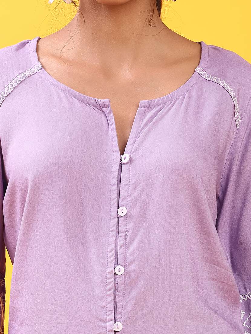 women solid with work three quarter sleeve a-line kurti - 22063806 -  Standard Image - 5