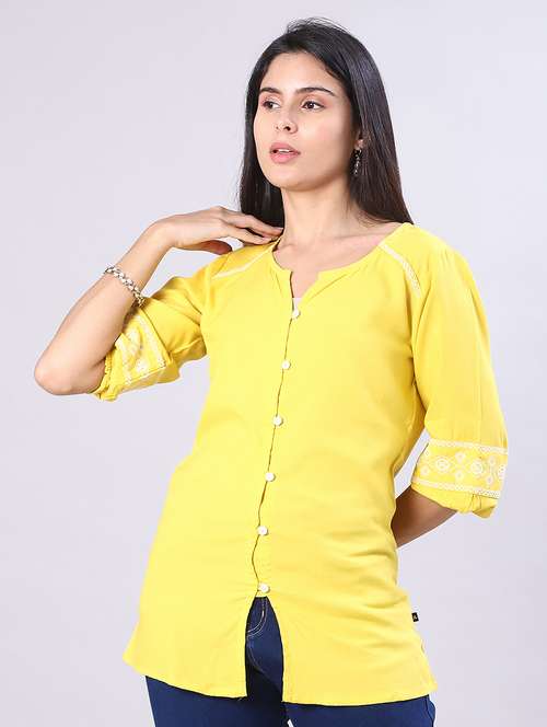 women solid with work three quarter sleeve a-line kurti - 22063807 -  Standard Image - 0