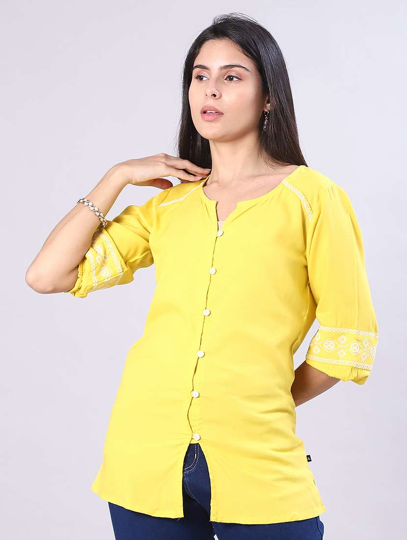 women solid with work three quarter sleeve a-line kurti