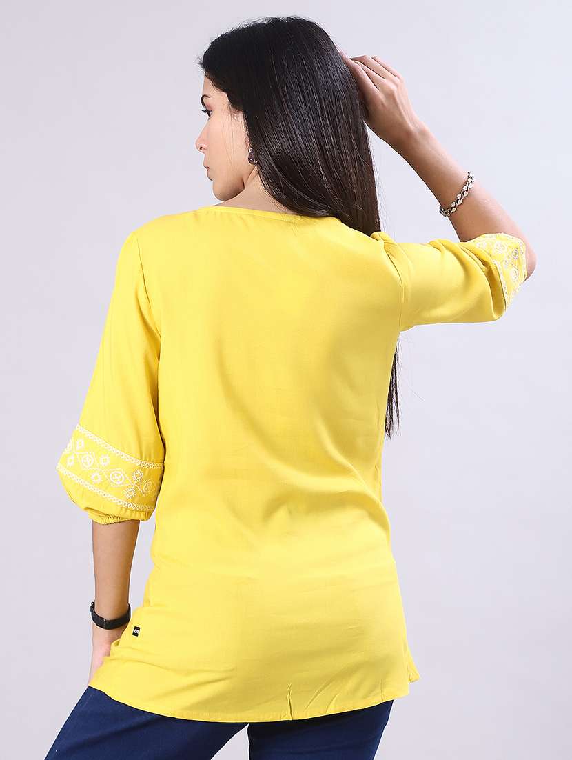 women solid with work three quarter sleeve a-line kurti - 22063807 -  Standard Image - 3
