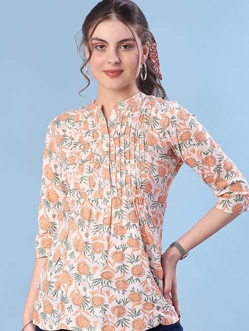 women floral printed three quarter sleeve a-line kurti - 22063808 -  Standard Image - 0