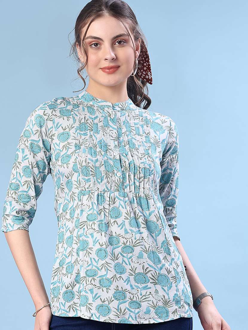 women floral printed three quarter sleeve a-line kurti