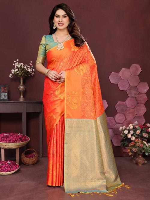 orange silk banarasi saree with blouse - 22063837 - Standard Image - 0