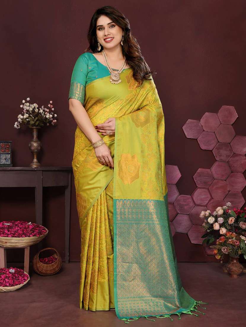 yellow silk banarasi saree with blouse