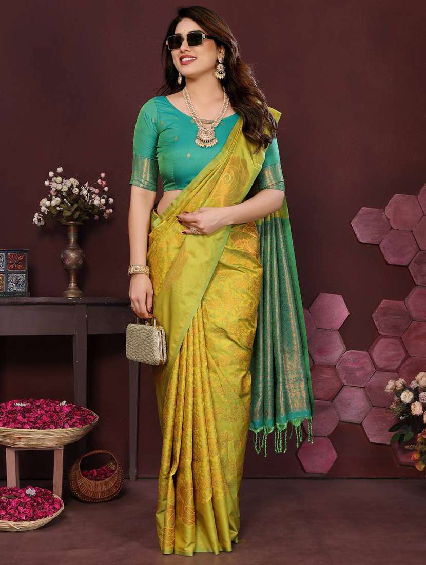 yellow silk banarasi saree with blouse - 22063838 -  Standard Image - 3
