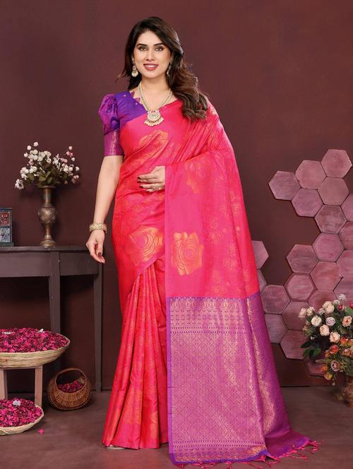 red silk banarasi saree with blouse - 22063840 - Standard Image - 0