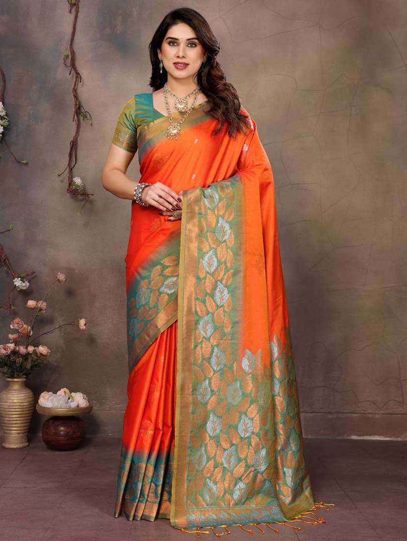 orange silk banarasi saree with blouse - 22063851 -  Standard Image - 3