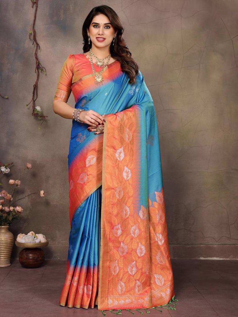 teal silk banarasi saree with blouse - 22063853 - Standard Image - 3