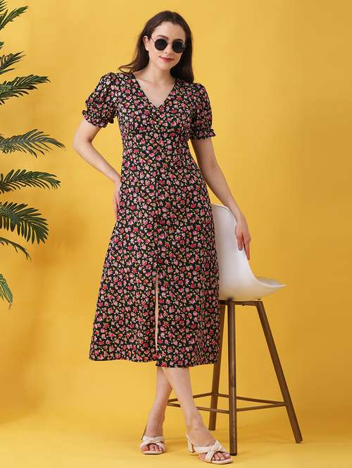 women floral print puff sleeev a-line dress - 22064132 - Standard Image - 0