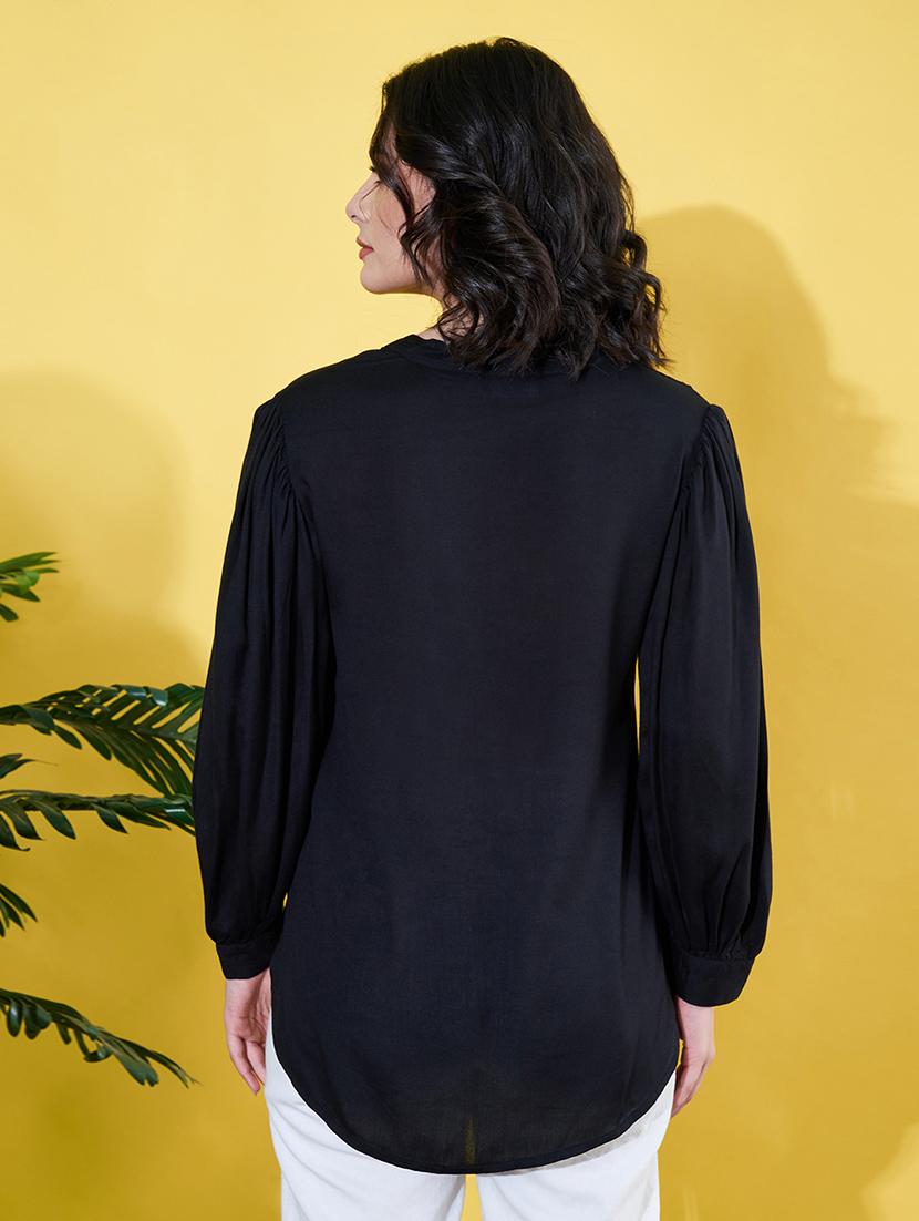 women black solid mandarin neck long sleeve shirt - 22064134 - Standard Image - 3