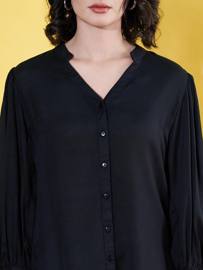 women black solid mandarin neck long sleeve shirt - 22064134 - Standard Image - 5