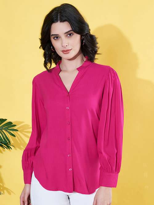 women pink solid mandarin neck long sleeve shirt - 22064136 - Standard Image - 0