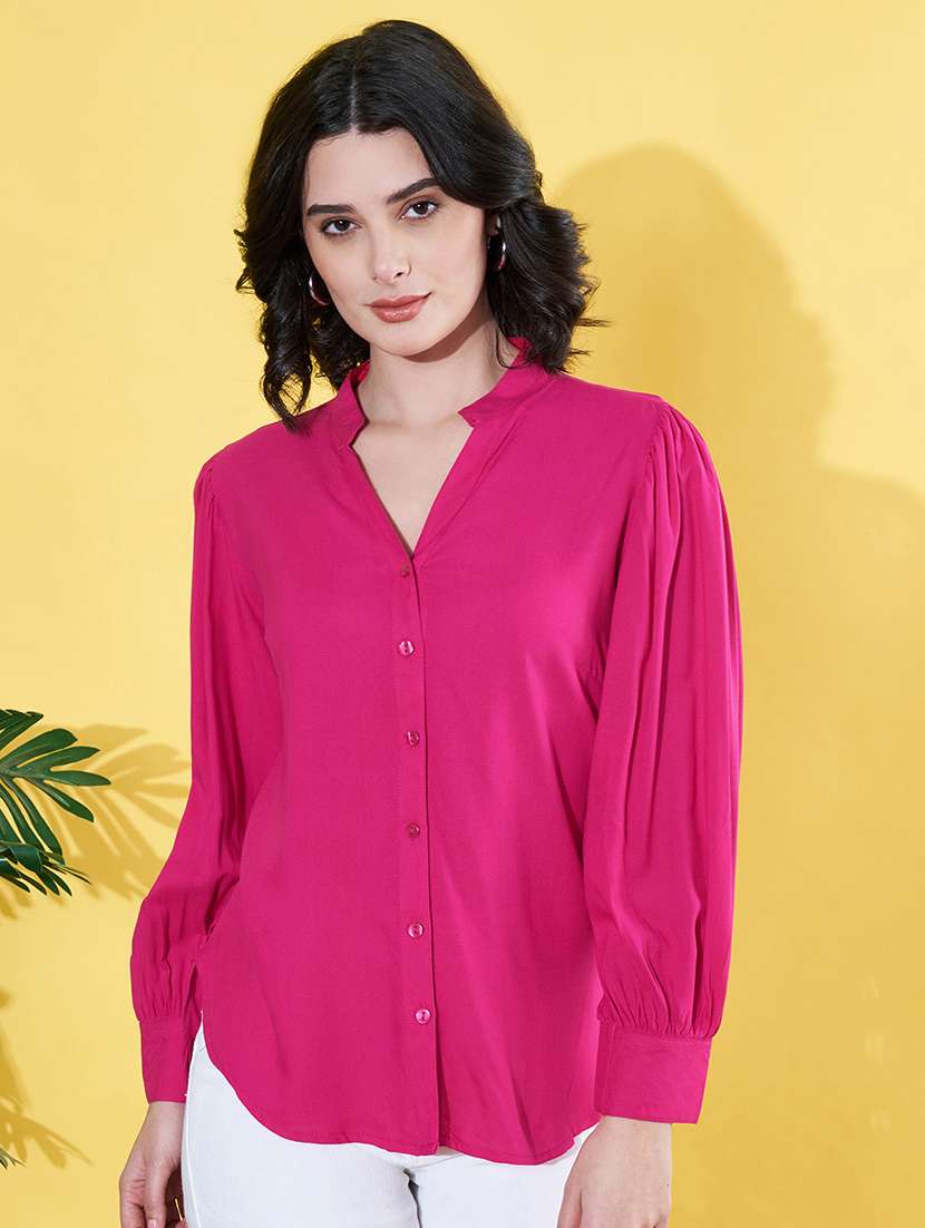 women pink solid mandarin neck long sleeve shirt - 22064136 - Zoom Image - 0