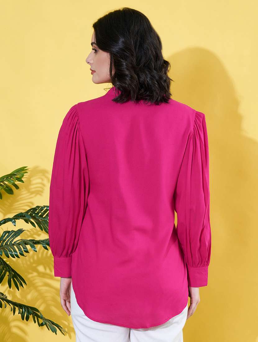 women pink solid mandarin neck long sleeve shirt - 22064136 - Standard Image - 3