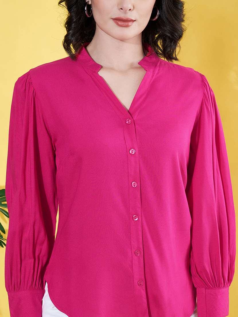 women pink solid mandarin neck long sleeve shirt - 22064136 - Standard Image - 5