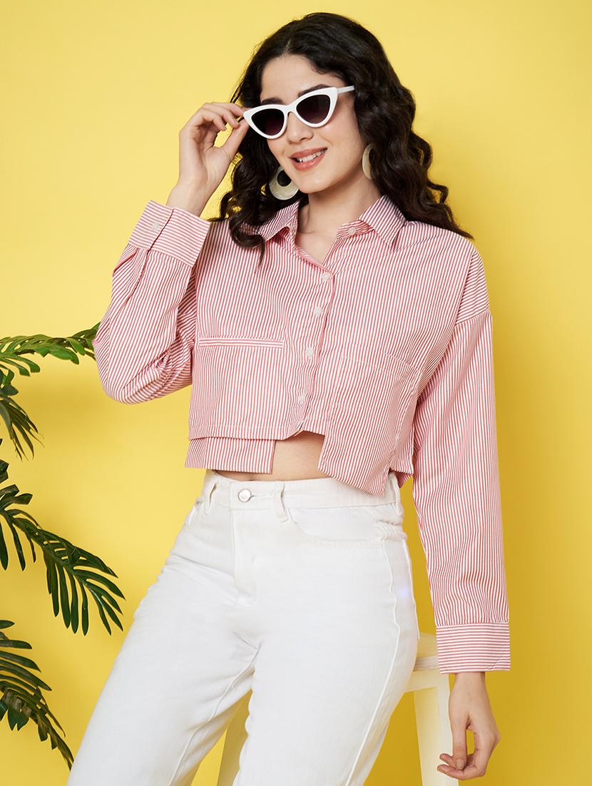 women striped collared long sleeve crop shirt - 22064137 - Zoom Image - 0