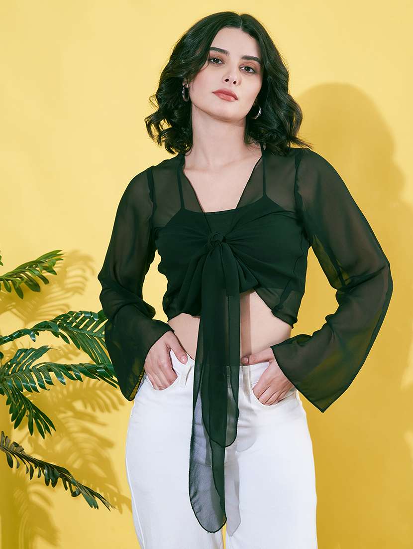 women green bell sleeve crop shrug