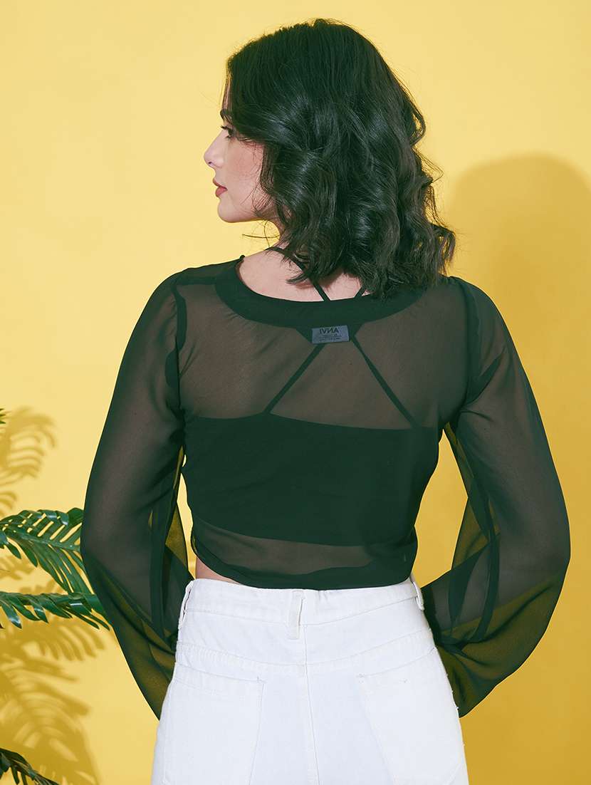 women green bell sleeve crop shrug - 22064138 -  Standard Image - 3