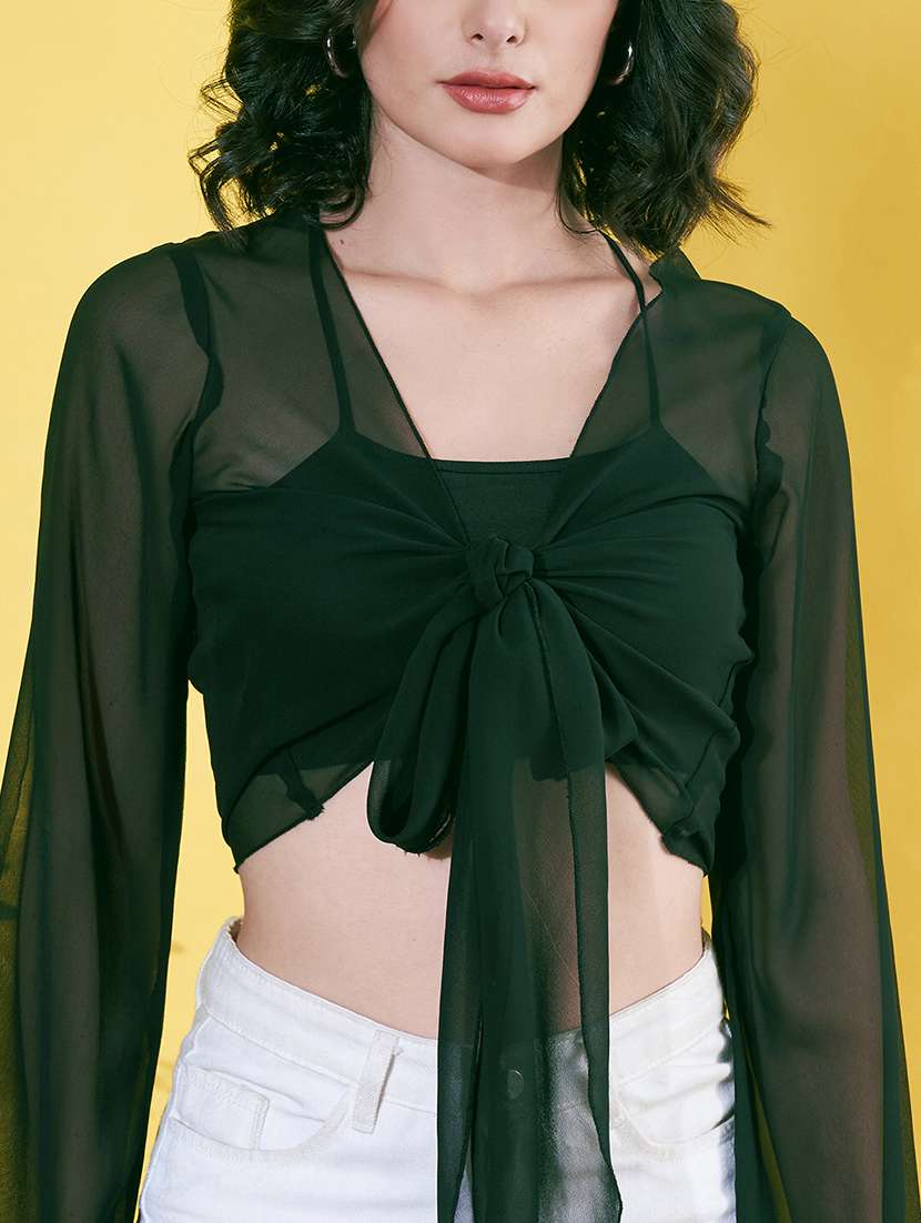 women green bell sleeve crop shrug - 22064138 -  Standard Image - 5