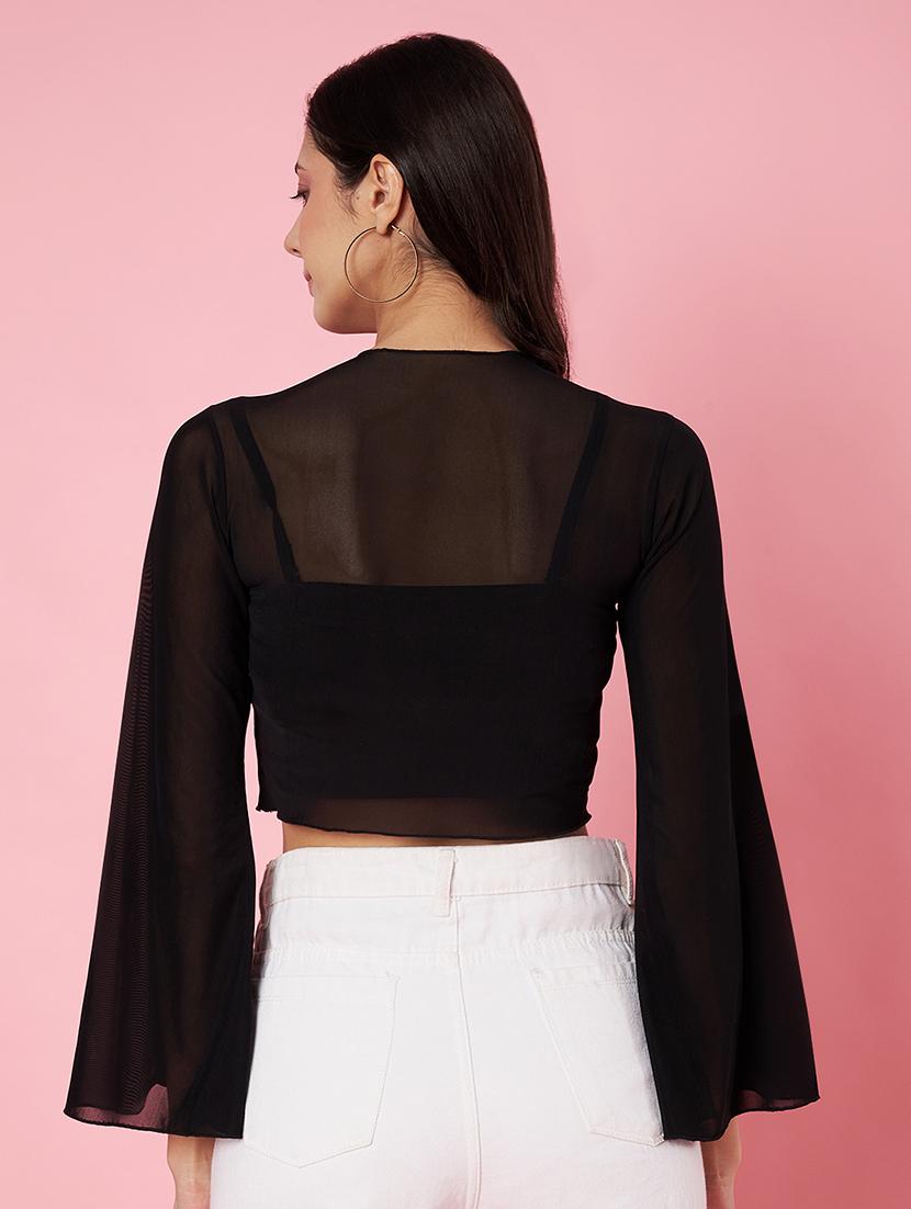 women black solid bell sleeve crop top - 22064140 - Standard Image - 3