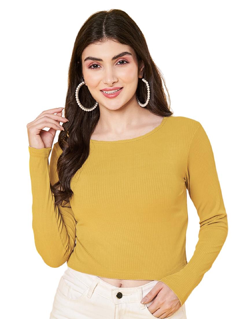 women yellow solid long sleeve crop top - 22064141 - Zoom Image - 0