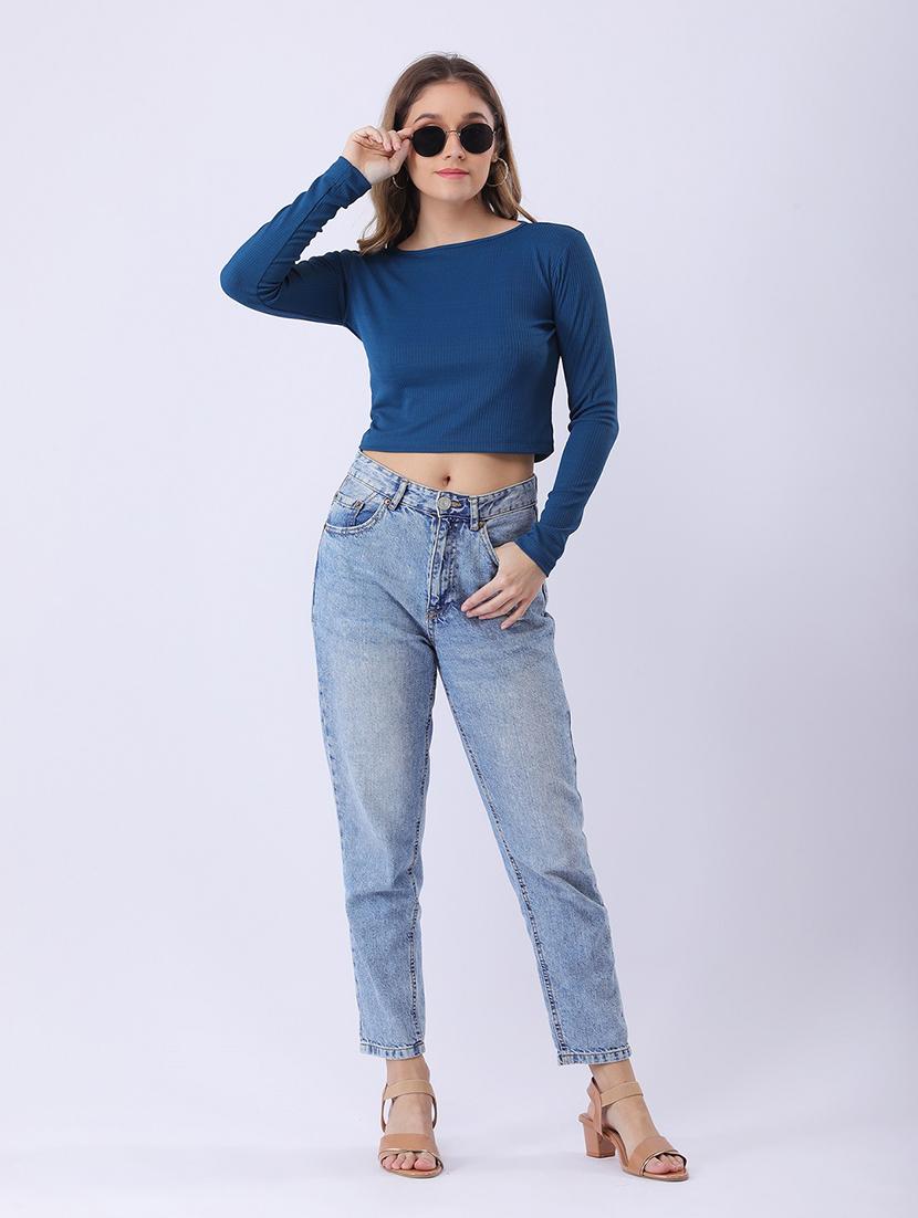 women teal solid long sleeve crop top - 22064142 - Standard Image - 3