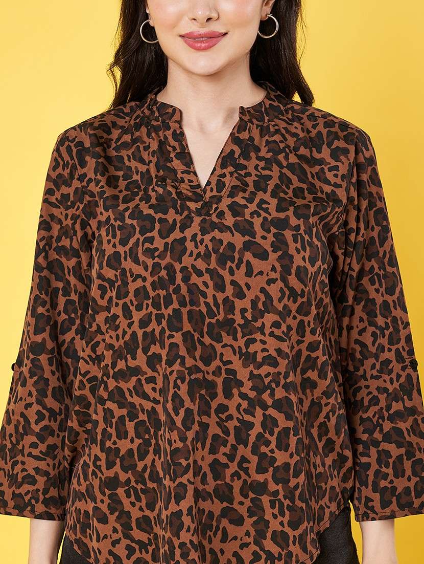 women animal print roll-up sleeve regular top - 22064143 -  Standard Image - 5