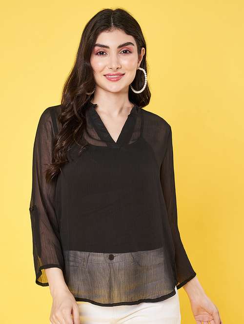 women black solid long sleeve sheer top - 22064145 -  Standard Image - 0