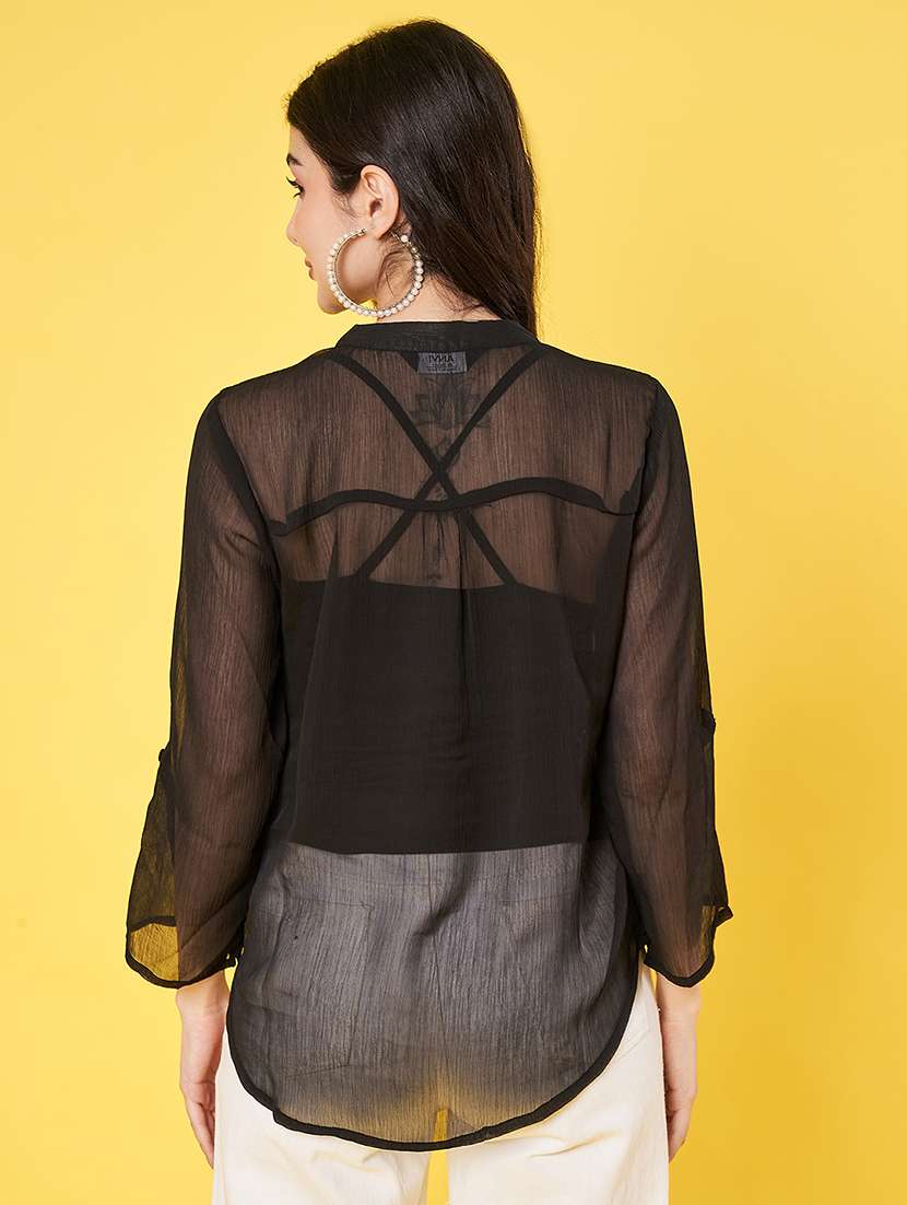 women black solid long sleeve sheer top - 22064145 - Standard Image - 3