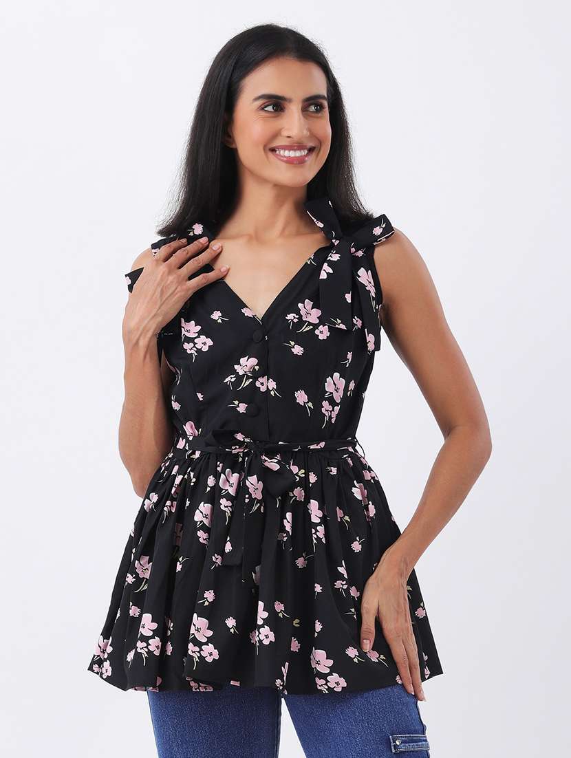 women black floral print sleeveless peplum top