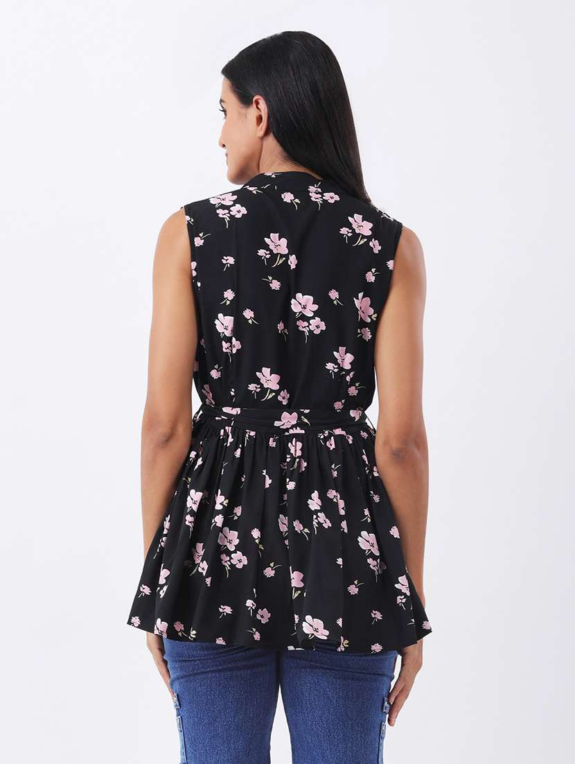 women black floral print sleeveless peplum top - 22064147 - Standard Image - 3