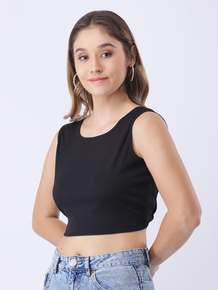 women black solid sleeveless backless crop top - 22064149 - Zoom Image - 0