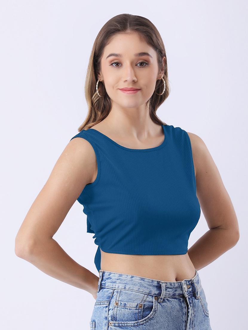 women teal solid sleeveless backless crop top