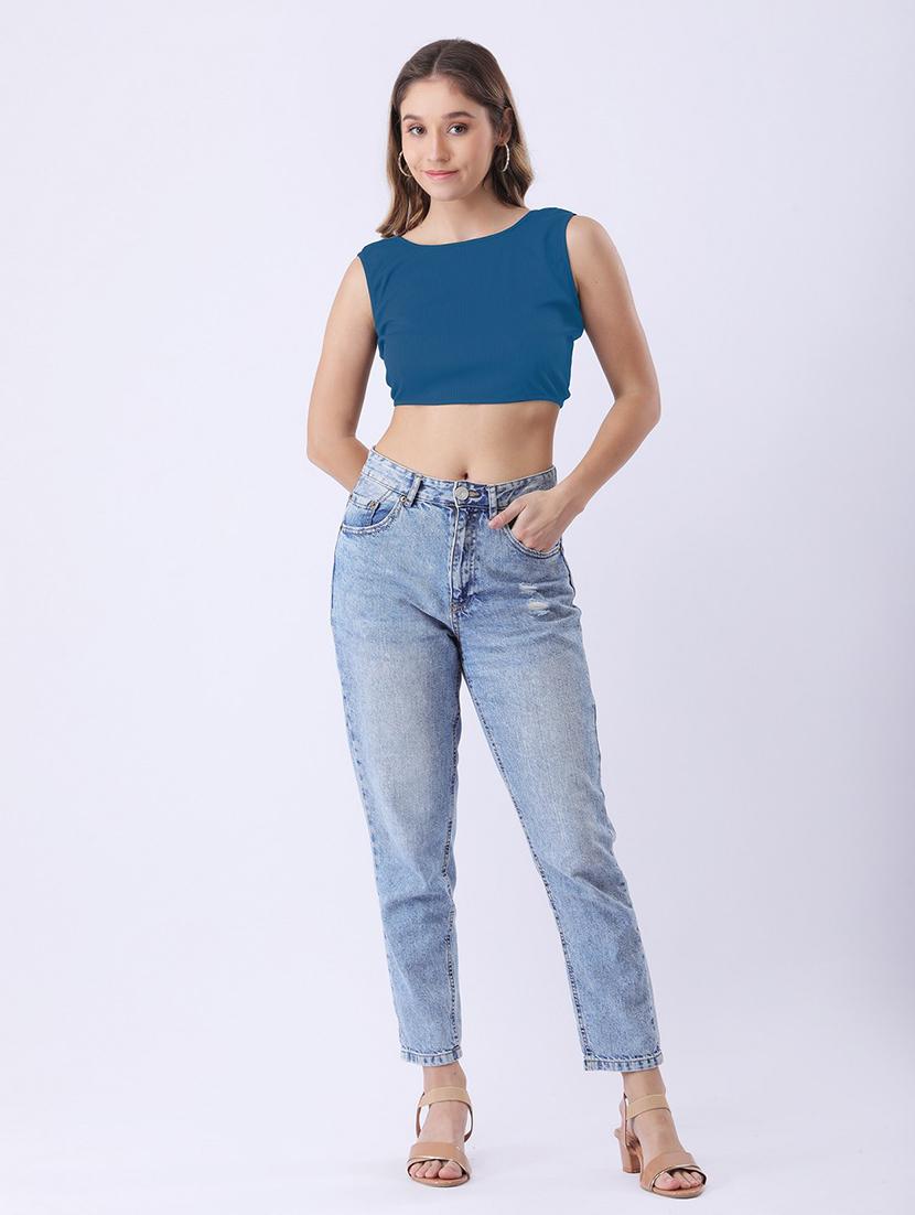 women teal solid sleeveless backless crop top - 22064150 - Standard Image - 3