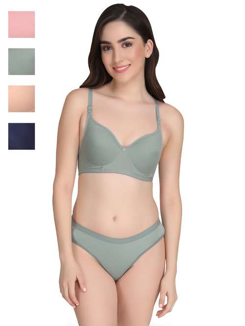 green cotton blend bras and panty set - 22064377 -  Standard Image - 0