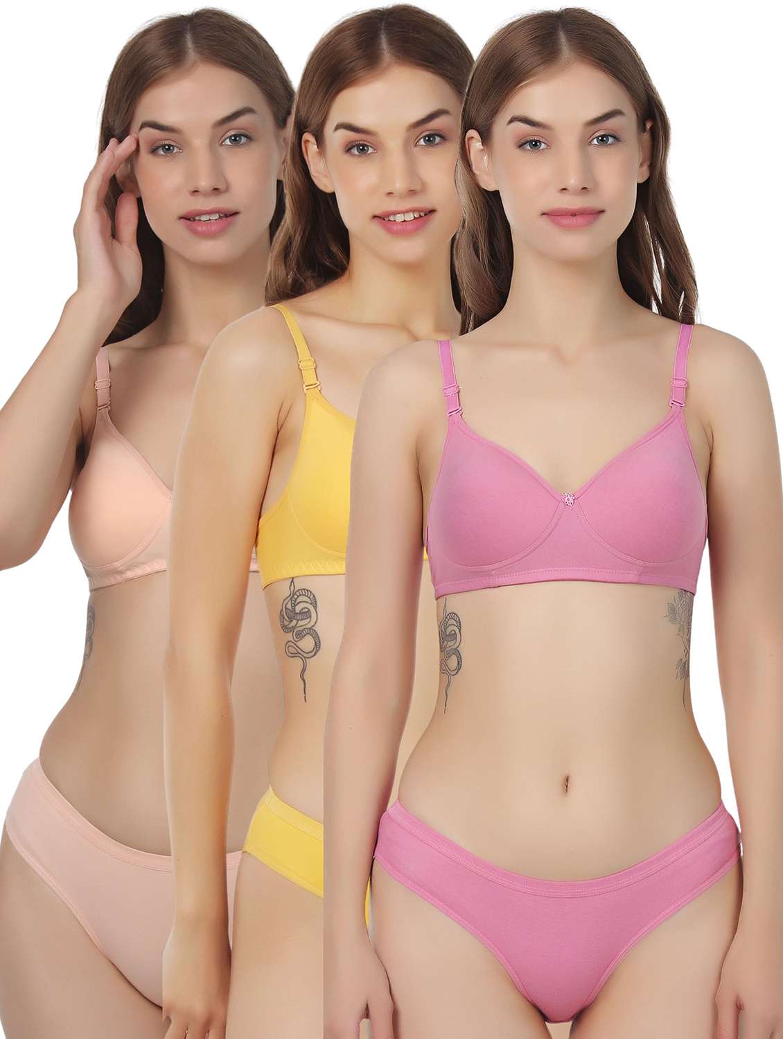 women pack of 3 solid bra and panty set