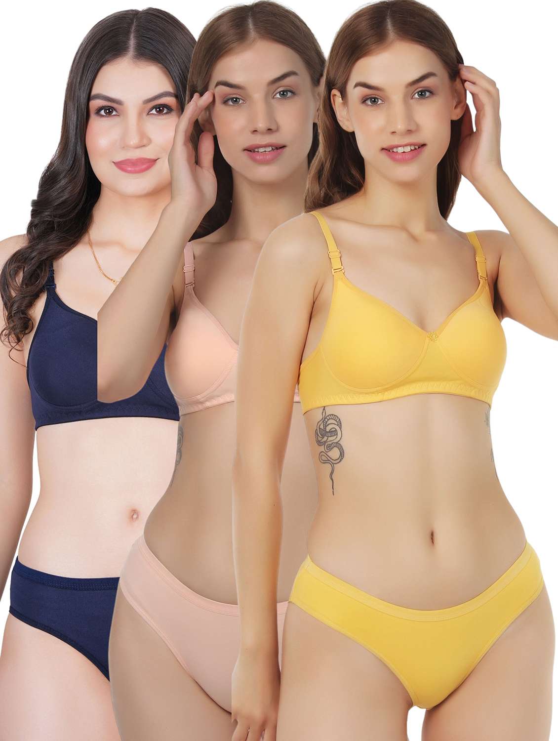 women pack of 3 solid bra and panty set