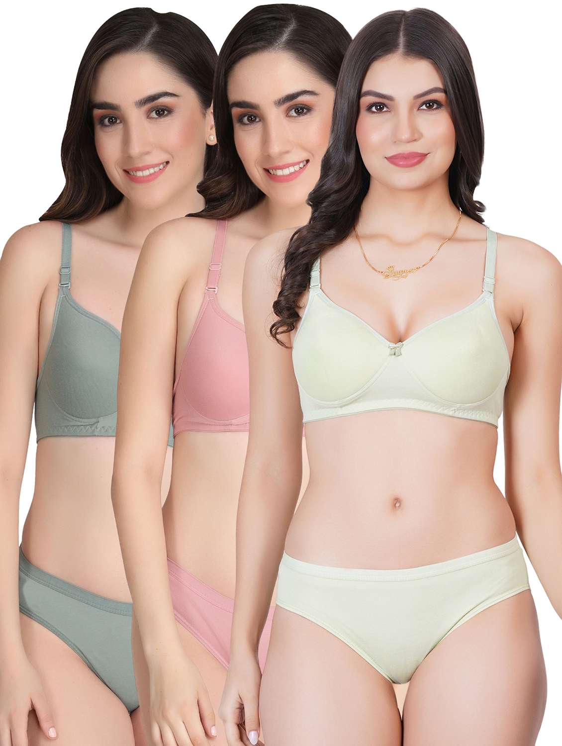 women pack of 3 solid bras and panty set