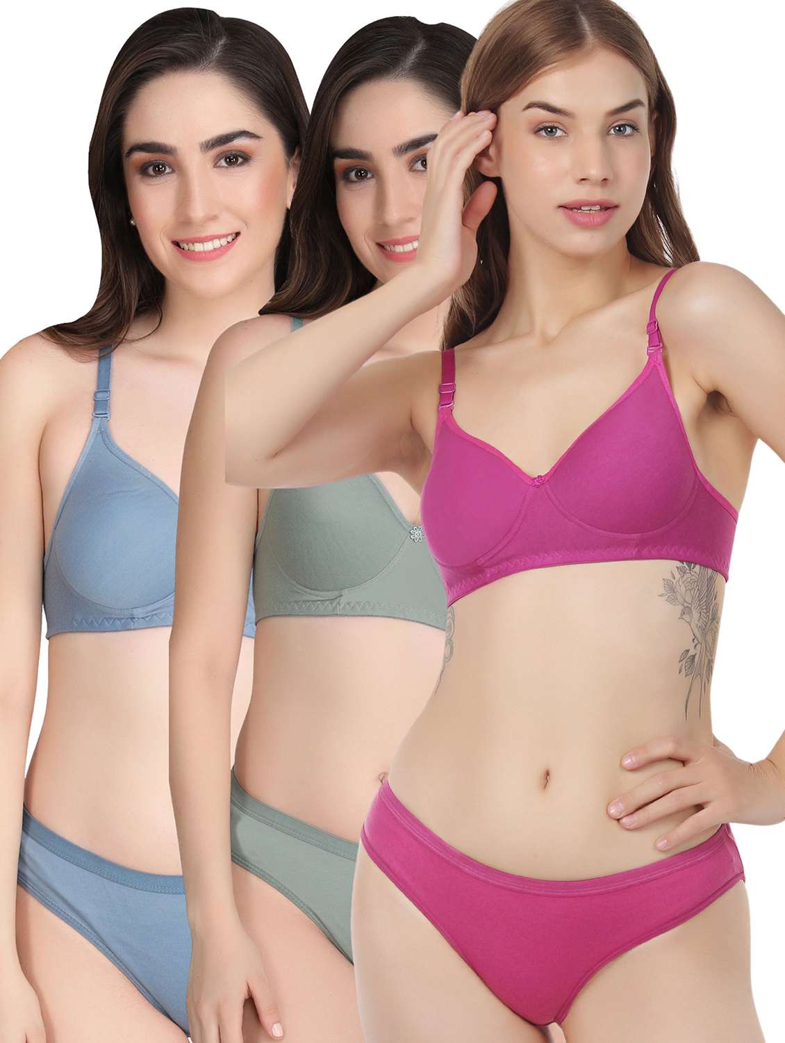 women pack of 3 solid bras and panty set