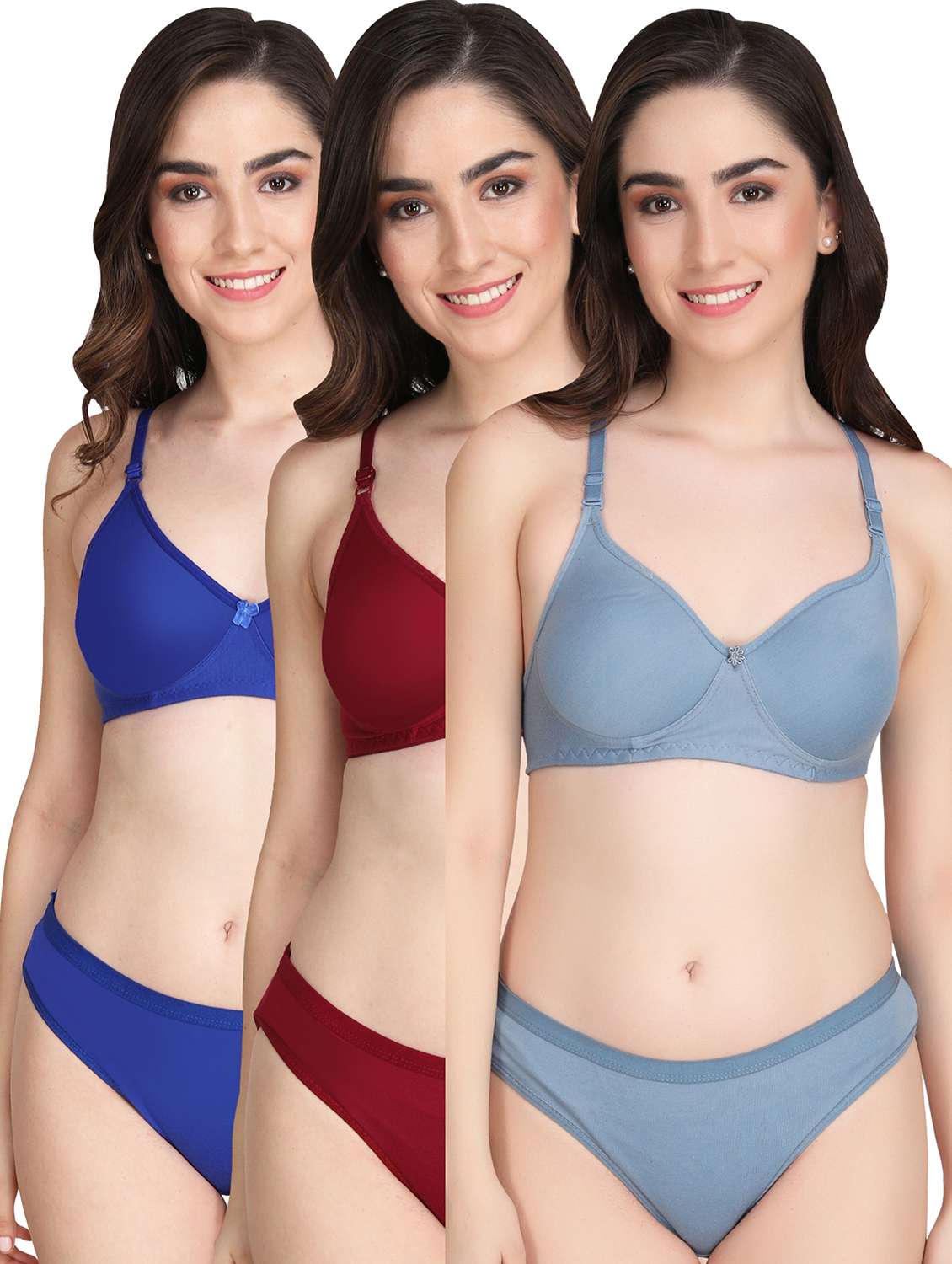 women pack of 3 solid bra and panty set