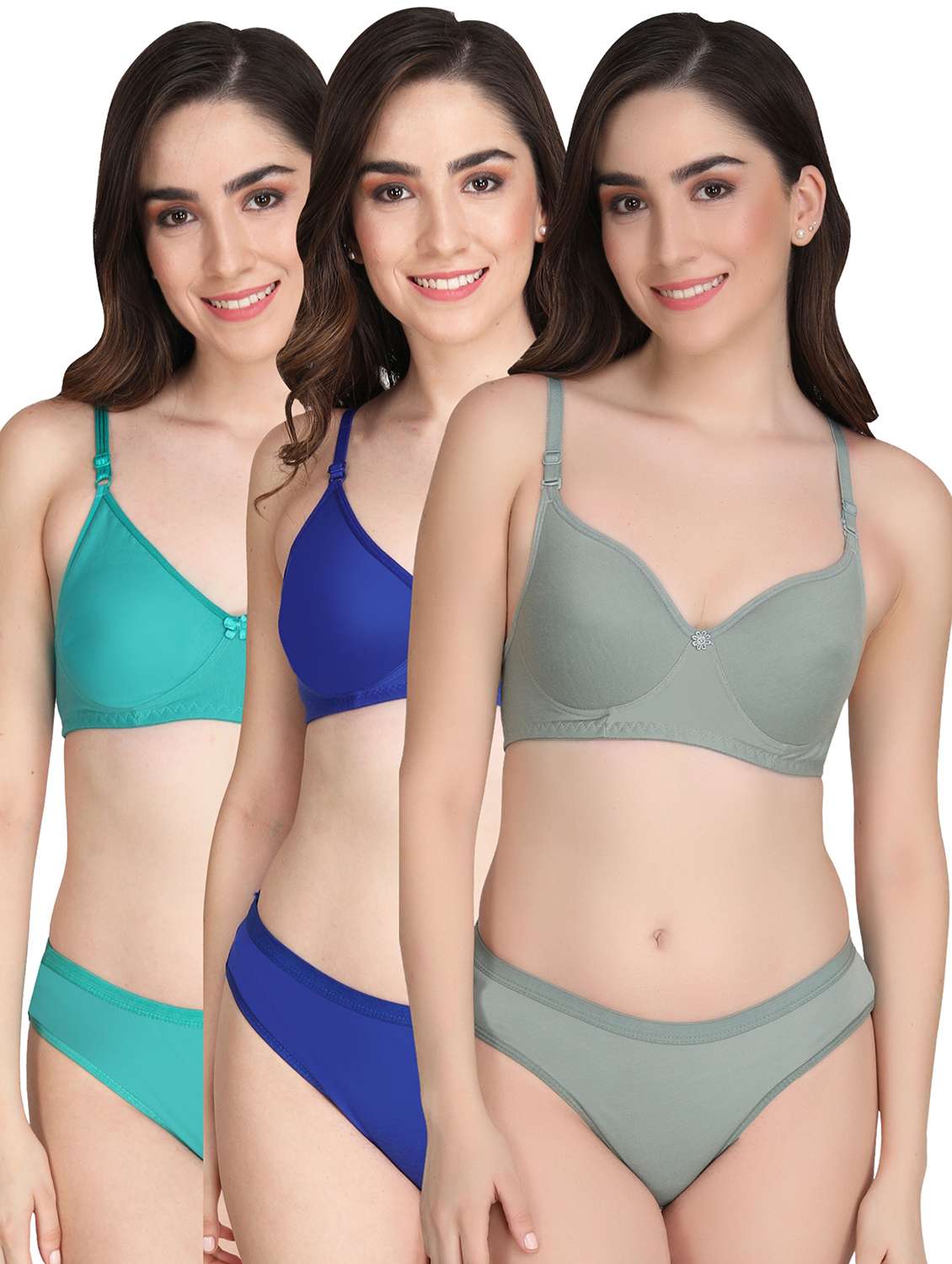 women pack of 3 solid bra and panty set