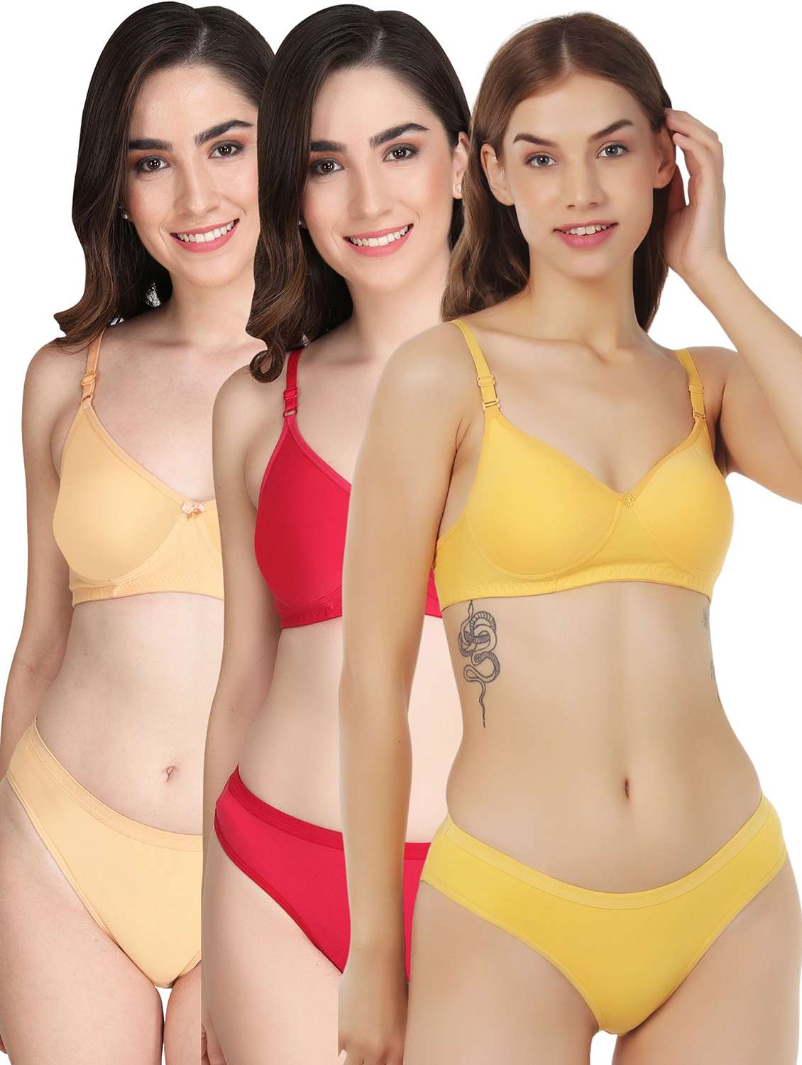 women pack of 3 solid bra and panty set