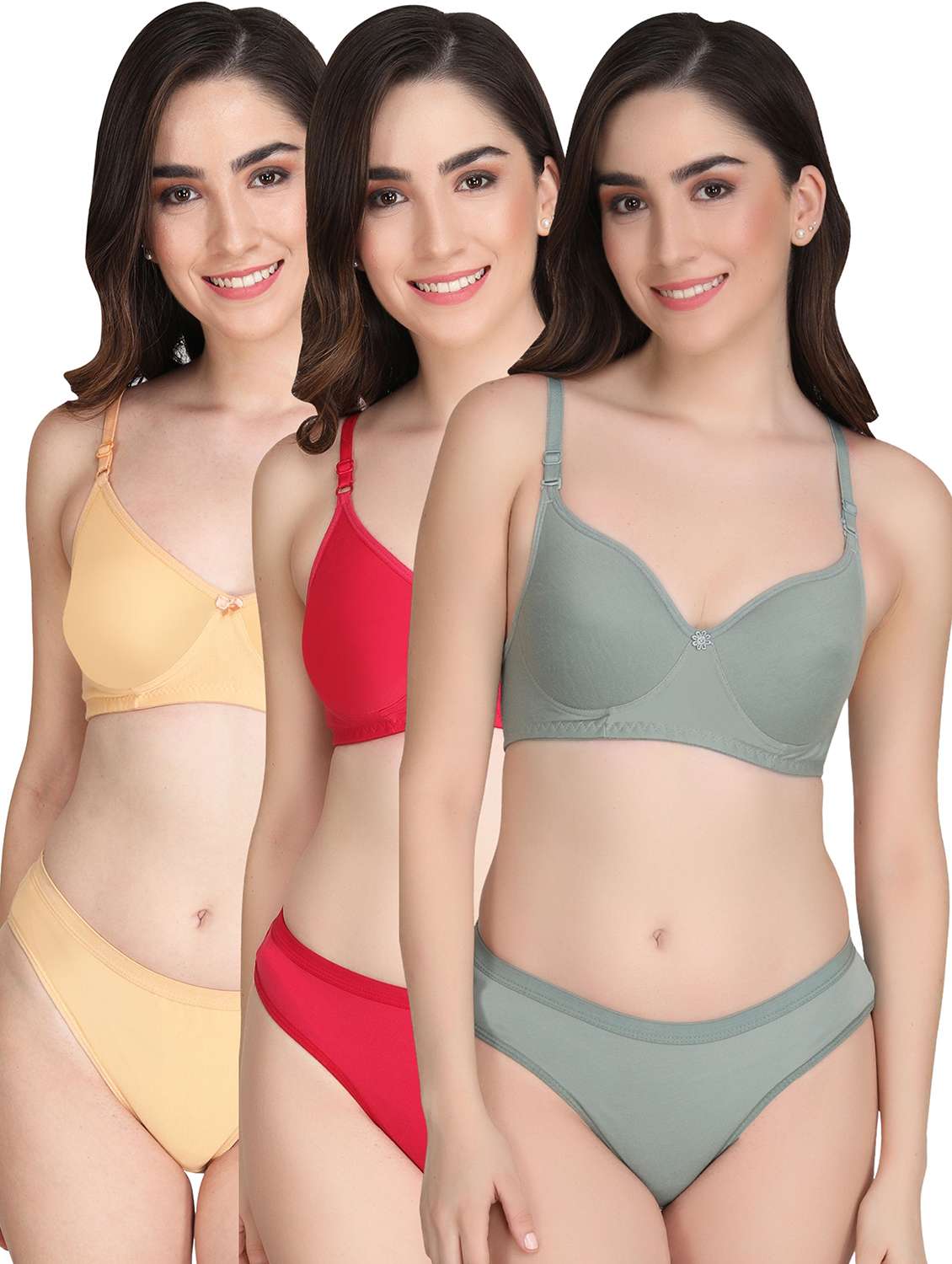 women pack of 3 solid bra and panty set